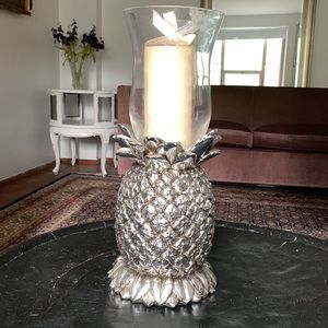 🌞Large Harry Slatkin Homeworx Silver Pineapple Hurricane Glass Lantern